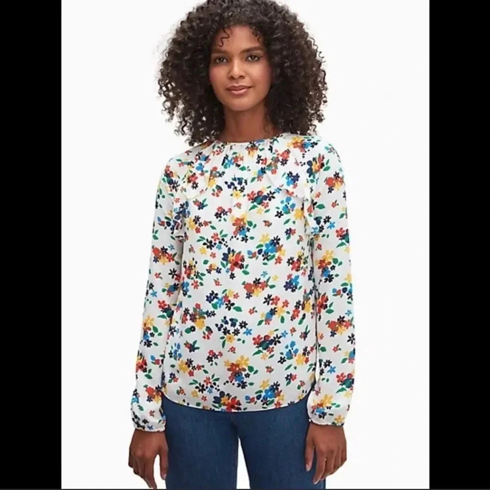 Kate Spade Sailing Floral Ruffle Blouse Ivory Multi Long Sleeve Top NWT Size XL - Picture 2 of 15